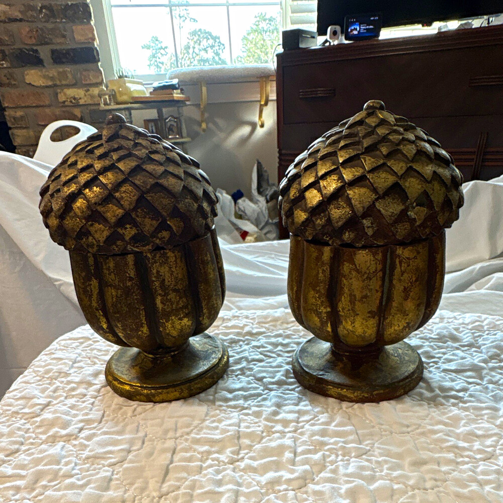 Gold & Brown Acorn Decorative Lidded Containers Set of 2 Nature Theme Adults